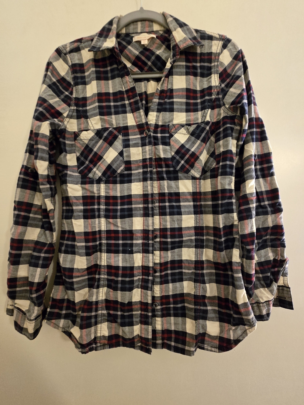 Skies Are Blue Navy, White & Red Plaid Button-Down Shirt